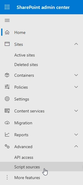 Script sources entry in the SharePoint admin center menu