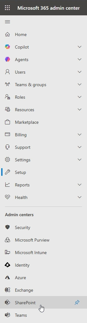 SharePoint admin center entry in the Microsoft 365 admin center menu