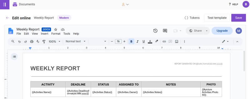 Word template with SharePoint fields for a weekly activity report