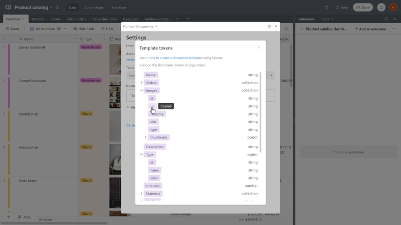 Copy and paste tokens from Airtable to document template