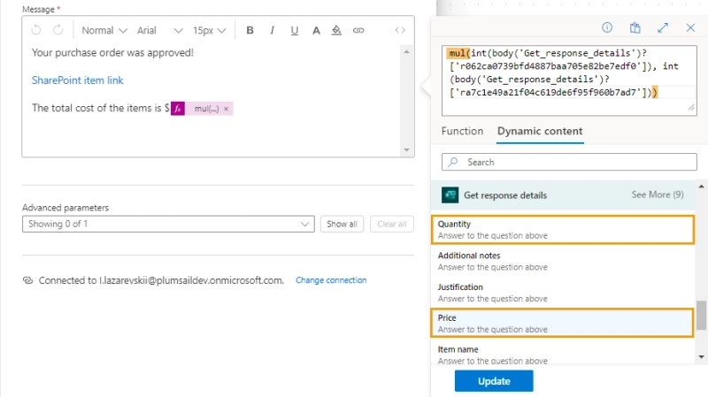 Add the total price of the requested items to the notification about the result of the approval workflow