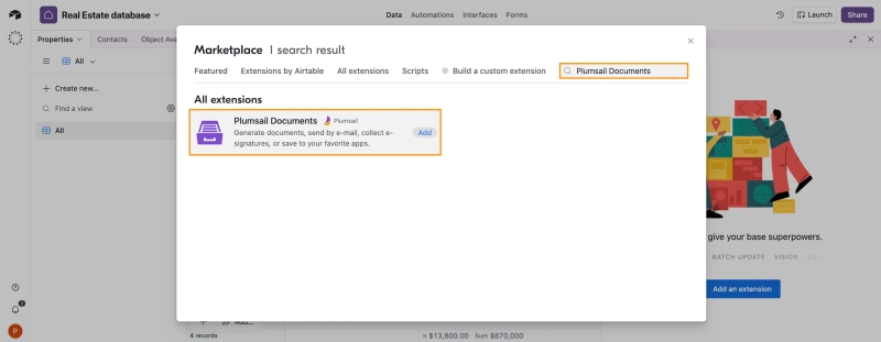 Add a Plumsail Documents extension button to Airtable to generate PDF