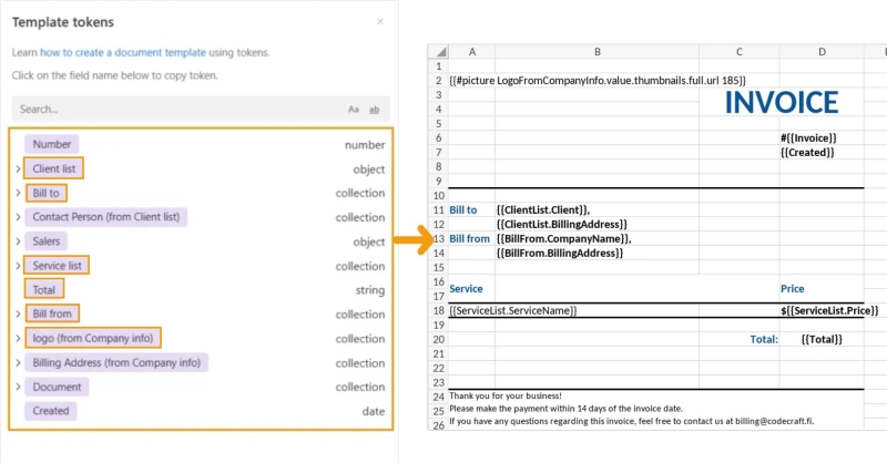 Airtable to Plumsail Documents token mapping preview