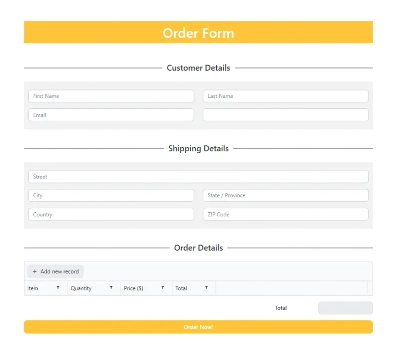 Online order form template