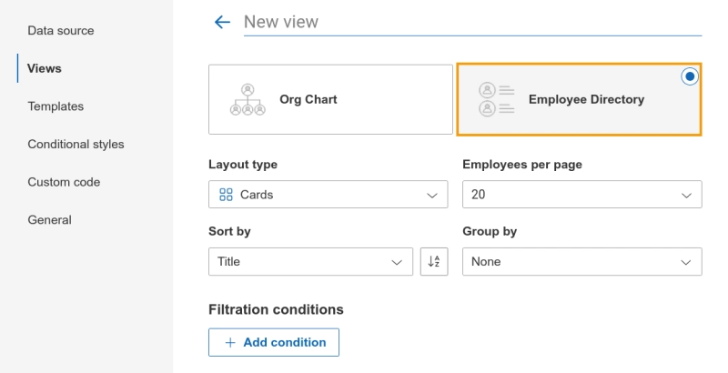 View settings within the configuration settings, highlighting the Employee Directory view type