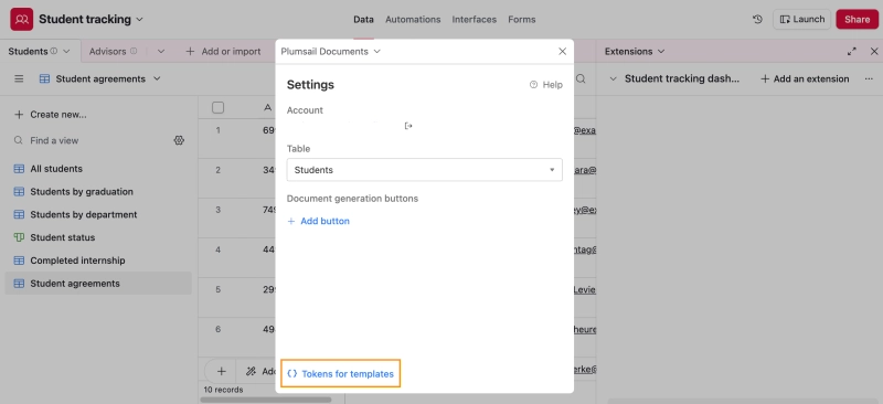 Airtable extension displaying available tokens for document template fields