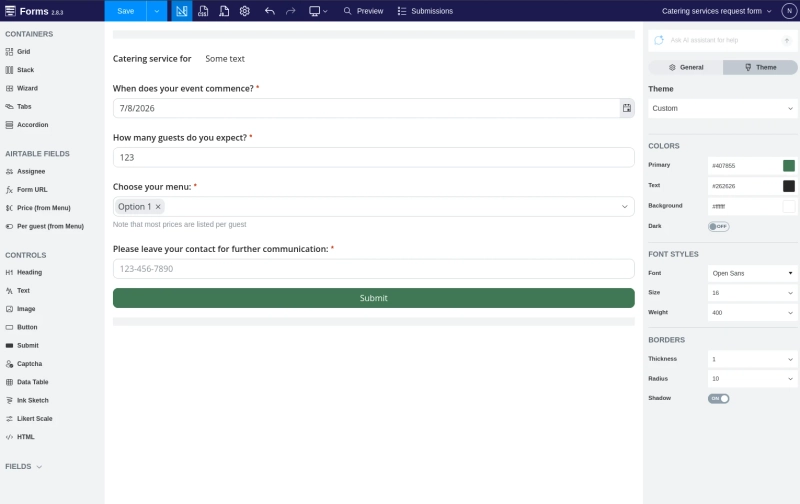 Making a catering service order form in Plumsail Forms
