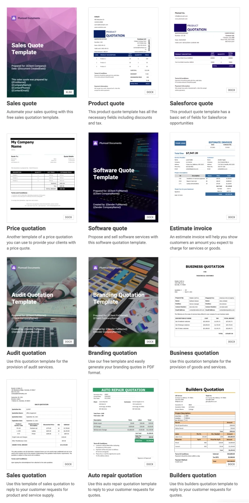 Free quote templates available in the Plumsail Documents template library
