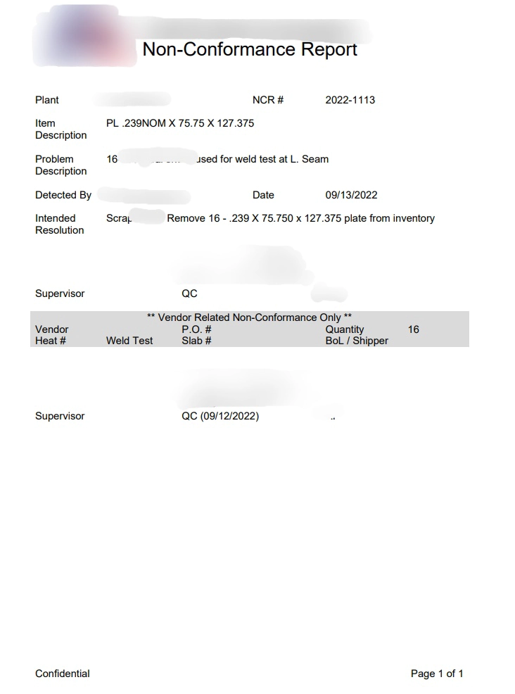 Non-conformance report