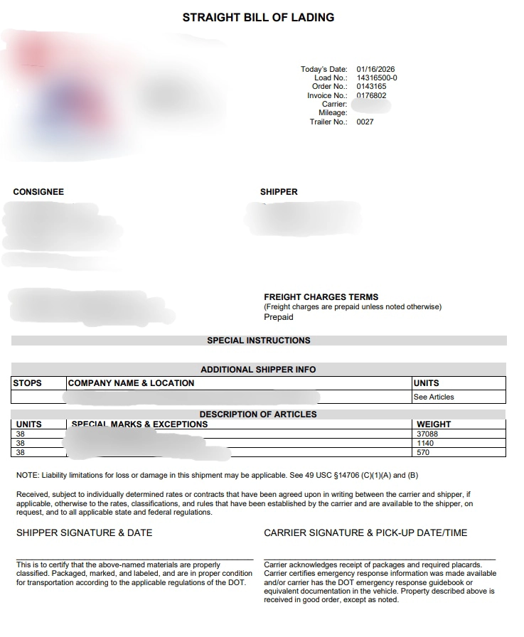 Straight bill of lading