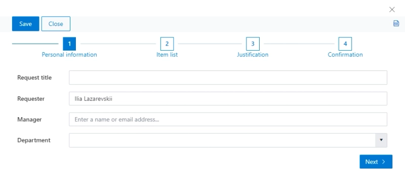 The Requester field is filled in automatically