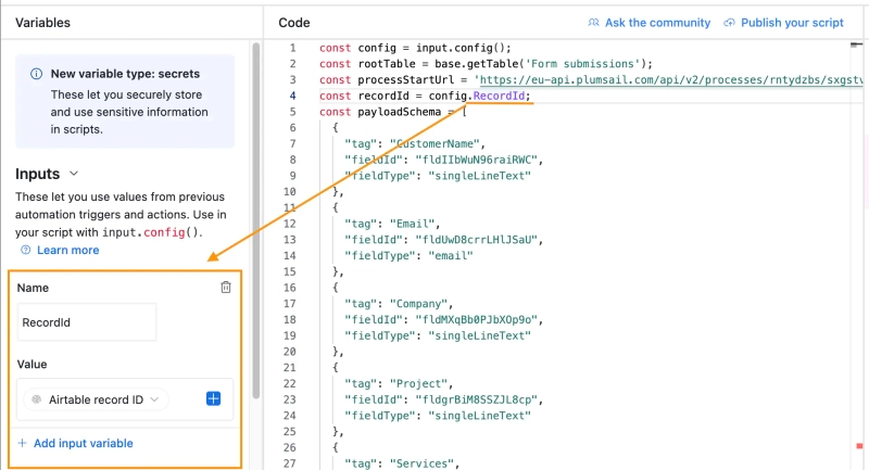 Insert code and add variable