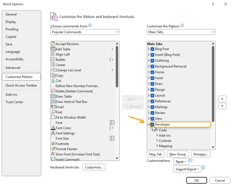 Setting up your template - Enabling the Developer tab in Microsoft Word