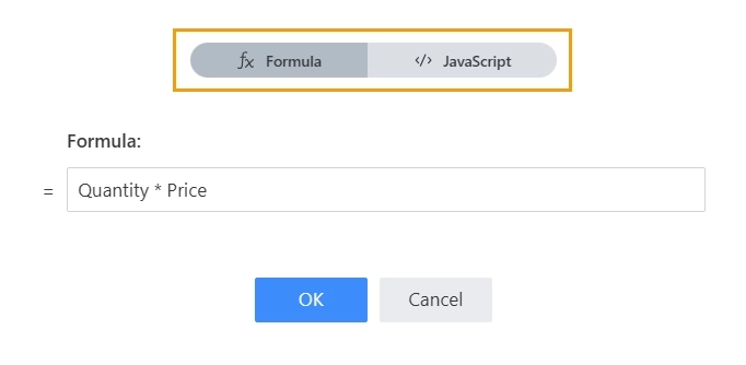 Plumsail Forms Data Table control showing a formula in the Calculated column type used to compute a line total