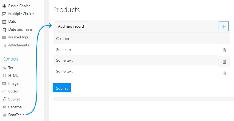 Web editor and web forms — add tables to the form, view results in a table
