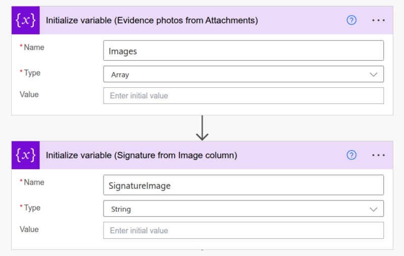 Initialize variable actions in Power Automate, showing Images as Array and SignatureImage as String