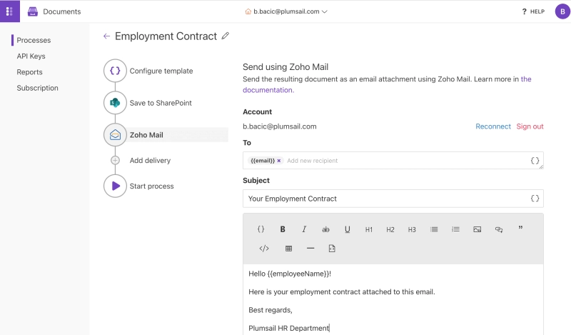 Configure sending contract by email