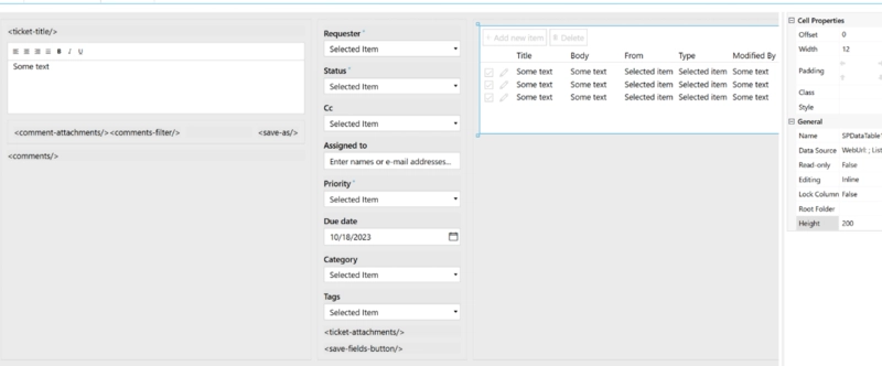 Adding a tab and DataTable control to the ticket using the Plumsail Forms app