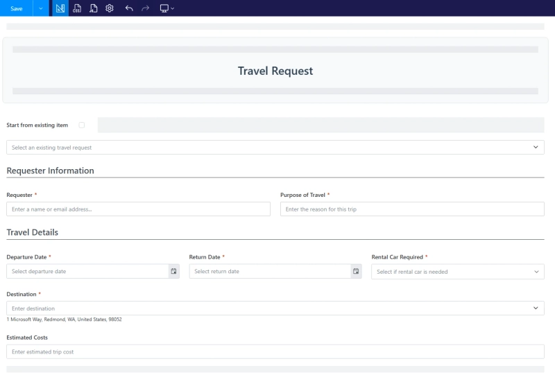 Travel request form in Plumsail Forms designer