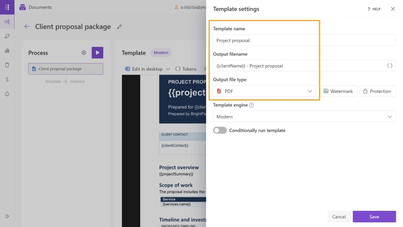 Project proposal template settings with PDF output in Plumsail Documents