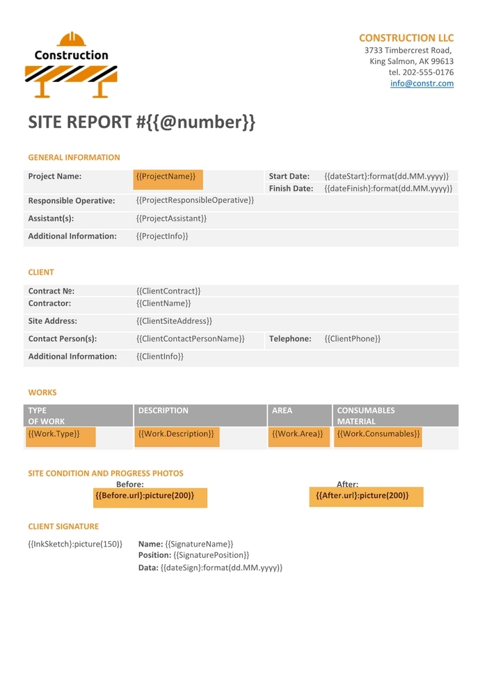 On-site report template with special placeholders
