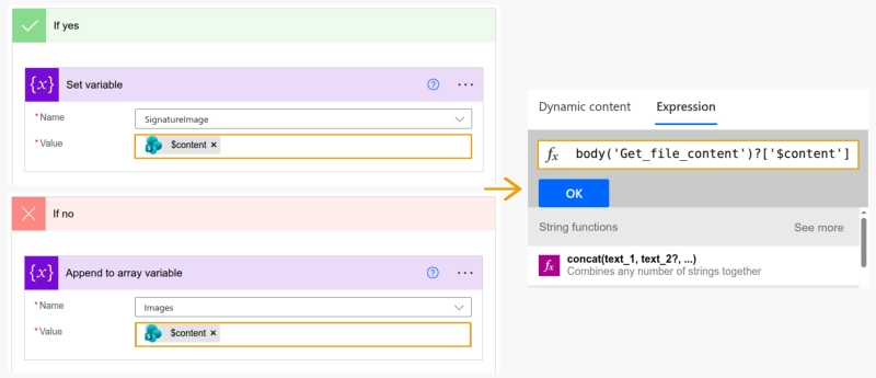 Power Automate Condition action to separate signature files and evidence photos into different variables