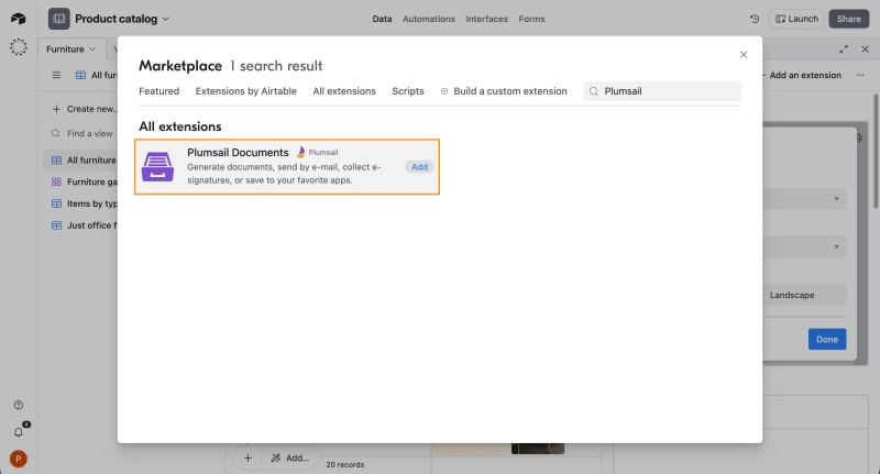 Add Plumsail Documents extension to Airtable base