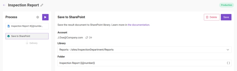 Add a SharePoint delivery option to the Plumsail Documents process to save the generated report automatically