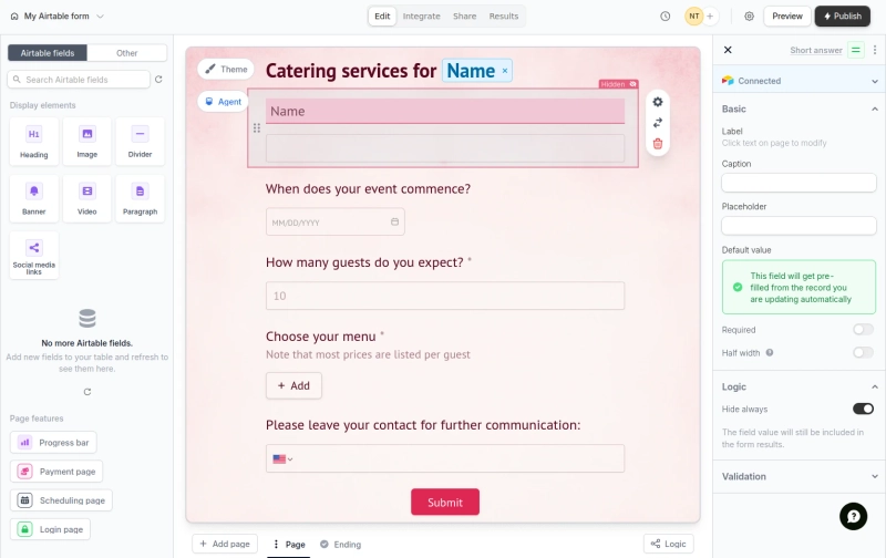 Making a catering service order form in Fillout