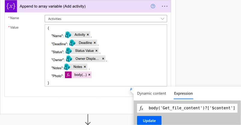 Power Automate actions building an activity object with an image