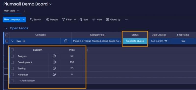 monday.com board with data