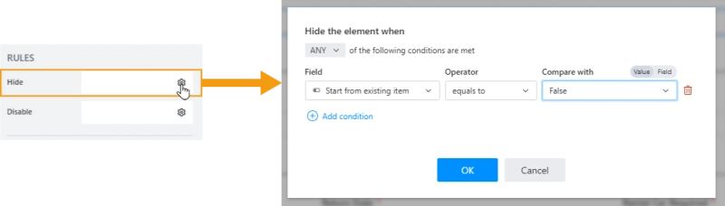 Rule to hide the Lookup control when the checkbox isn't marked