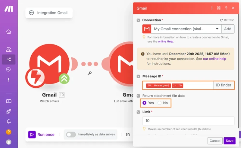Gmail List attachments module setup in Make scenario