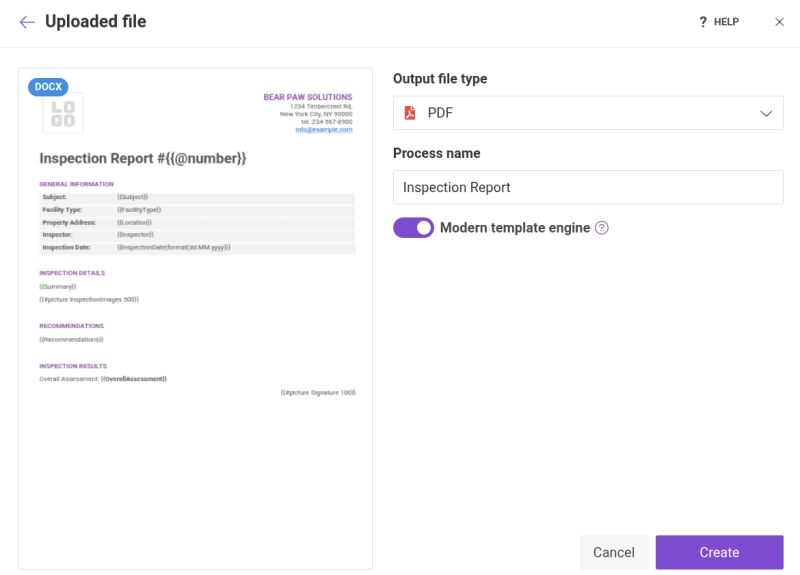 Setup Plumsail Documents process for the inspection report template