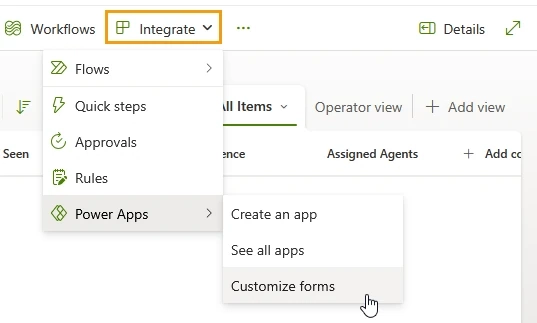 Menu option to open the Power App form