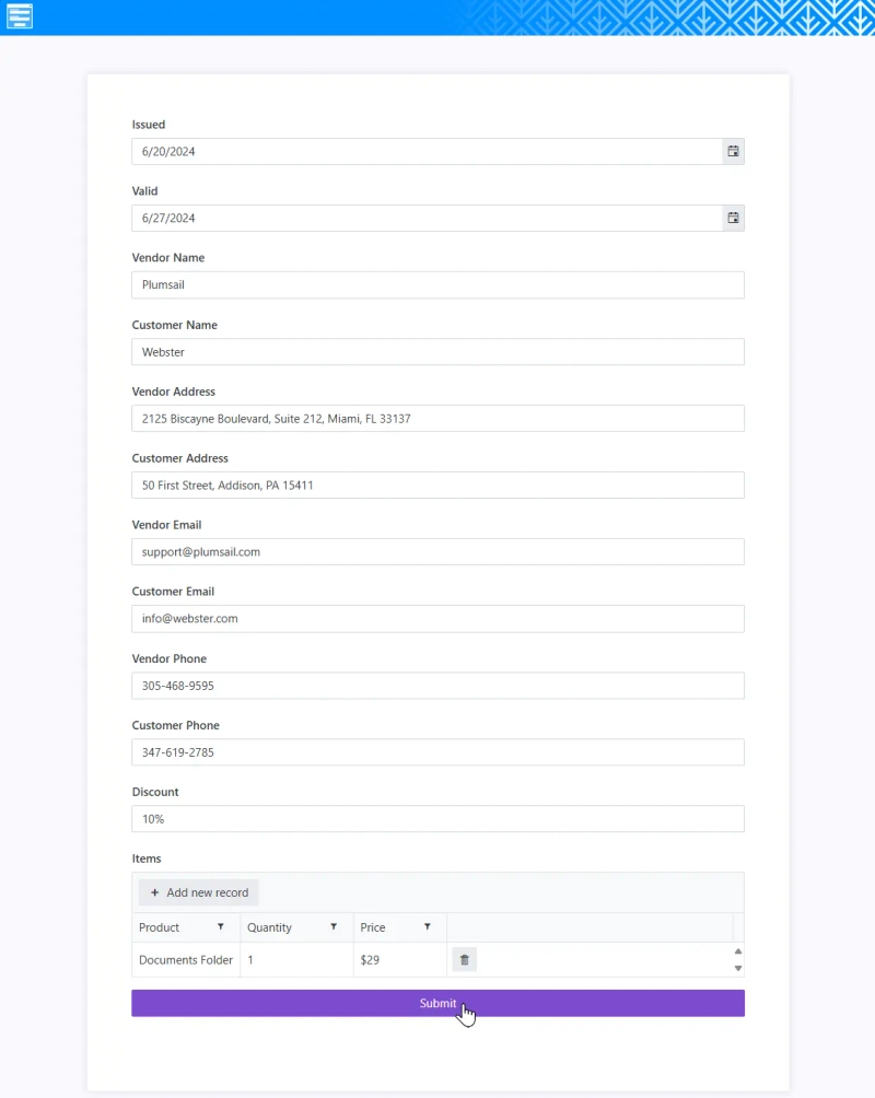 Fill out the auto-generated form