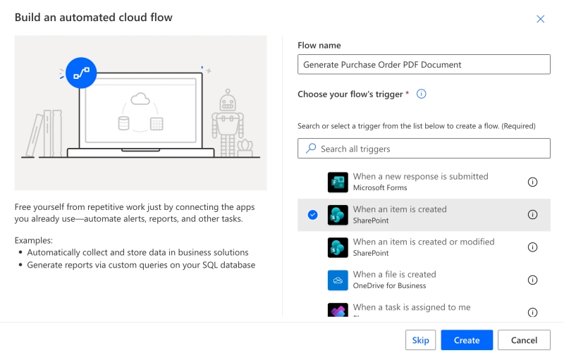 Power Automate flow triggers for SharePoint item