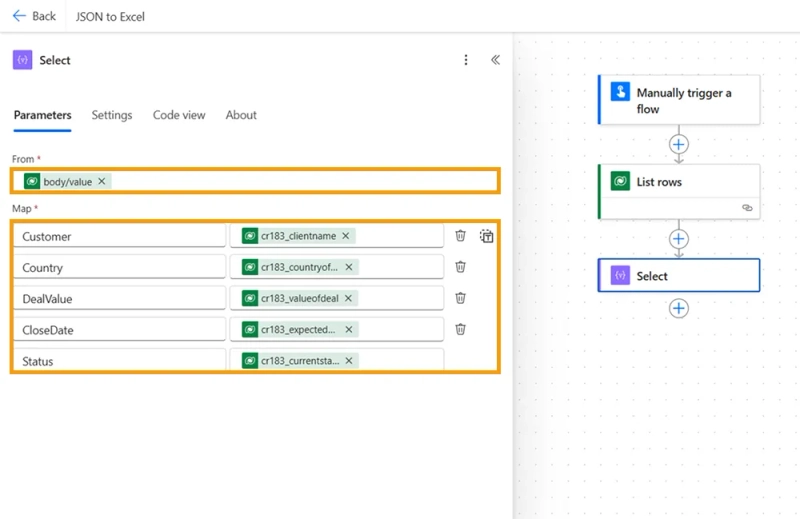 Select action in Power Automate to map internal Dataverse fields to readable labels