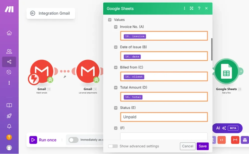 Google Sheets module mapping extracted data to columns
