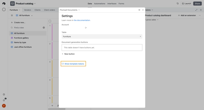 Airtable interface showing the button to access document template tokens